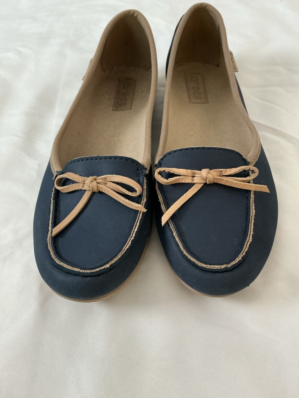 CROCS Navy and Tan Bow Moccasin Flats